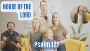 Stephen Vesolich and Dr. Stephanie Wilsey teaching Psalm 122 with the title “House of the Lord Psalm 122” displayed above them, alongside students from the recording session.