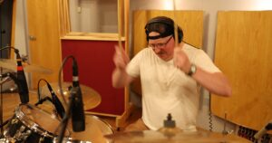 Levi Stahl recording drums in the studio for the Psalm 130 song Out of the Depths, written by Stephen Vesolich for The Mountains Surround project.