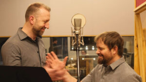 Stephen Vesolich talking with Everett Lowe during the Psalm 132 recording session.