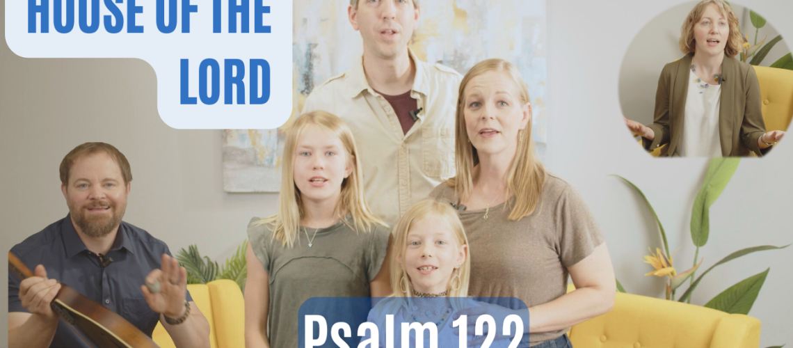 Stephen Vesolich and Dr. Stephanie Wilsey teaching Psalm 122 with the title “House of the Lord Psalm 122” displayed above them, alongside students from the recording session.
